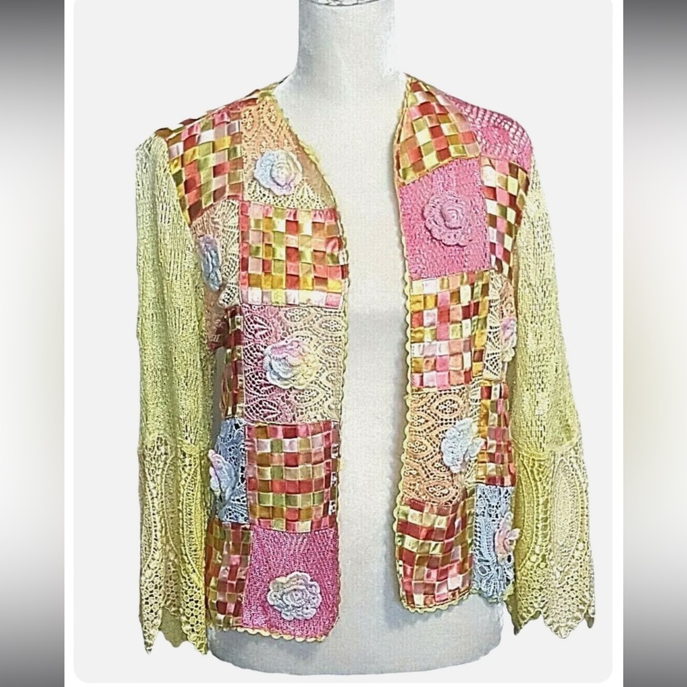 Parsley And Sage Women's Sweater Crochet Ribbon Open Front pink yellow green - Picture 5 of 9